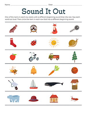 Phonics worksheet for Pre-K students focusing on identifying different beginning sounds