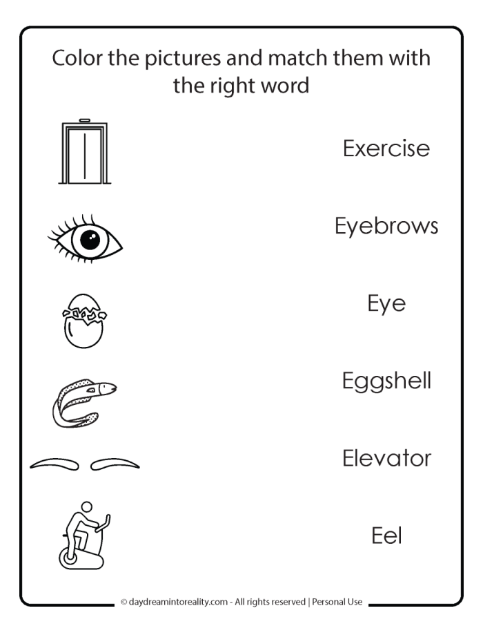 Worksheet featuring items that begin with the letter E for phonics practice. Fun phonics game for Pre-K kids focusing on E words.