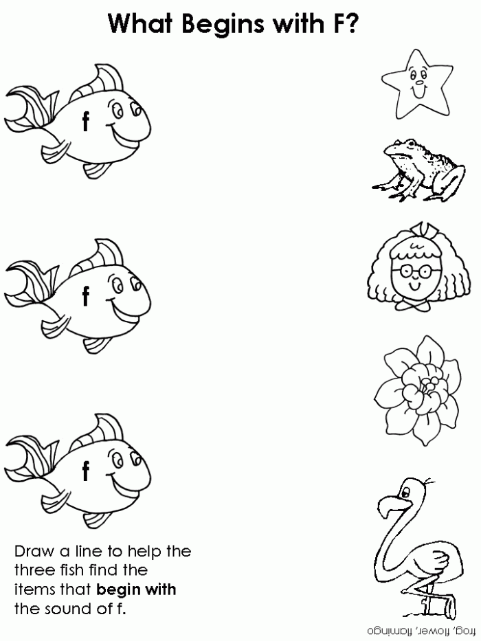 Worksheet featuring objects that begin with the letter F for phonics practice