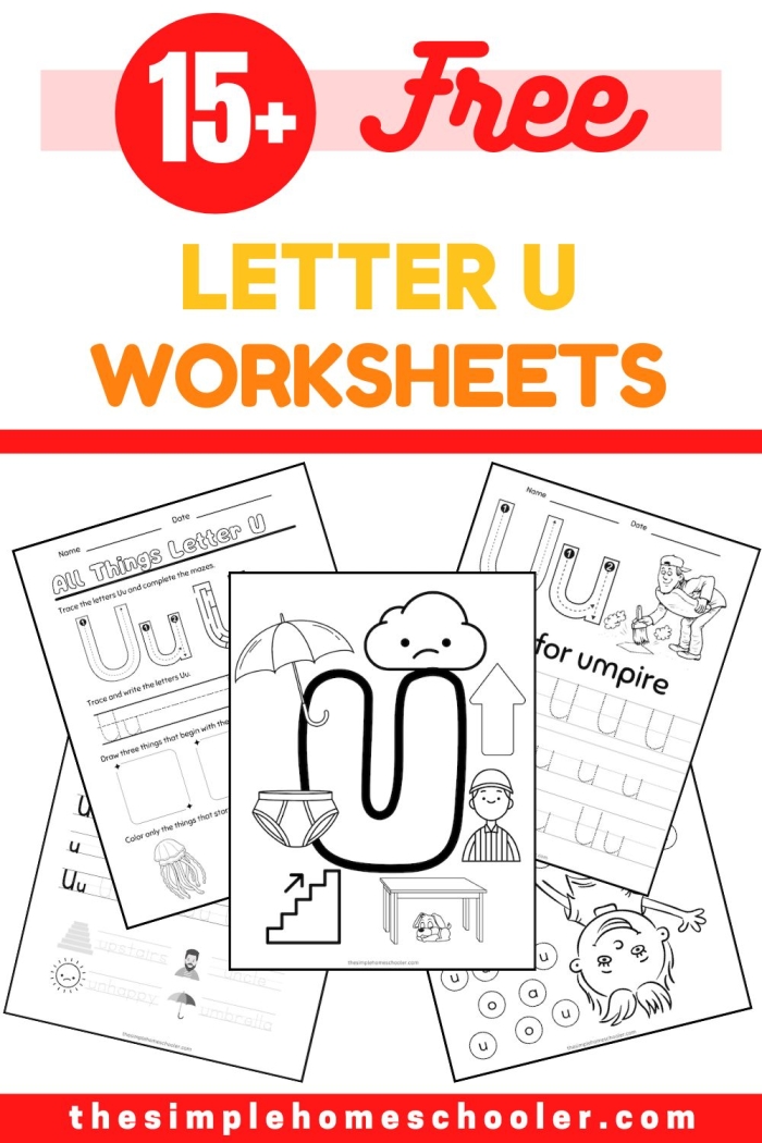Worksheet featuring items that begin with the letter U for phonics practice
