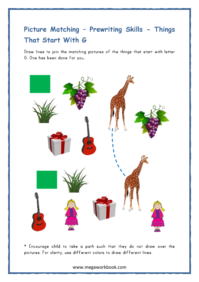 Worksheet featuring various items that begin with the letter G for phonics practice