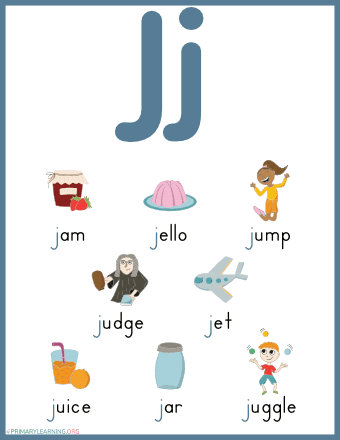 A colorful phonics worksheet featuring various objects for children to identify starting with the letter J