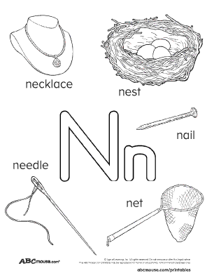 Worksheet featuring items that begin with the letter N for phonics practice