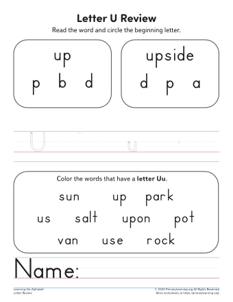 Worksheet featuring items that begin with the letter U for phonics practice