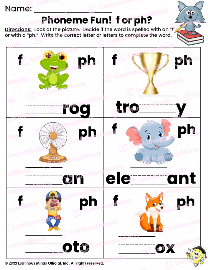 Preschool student completing a phonics worksheet identifying words that start with the ph sound