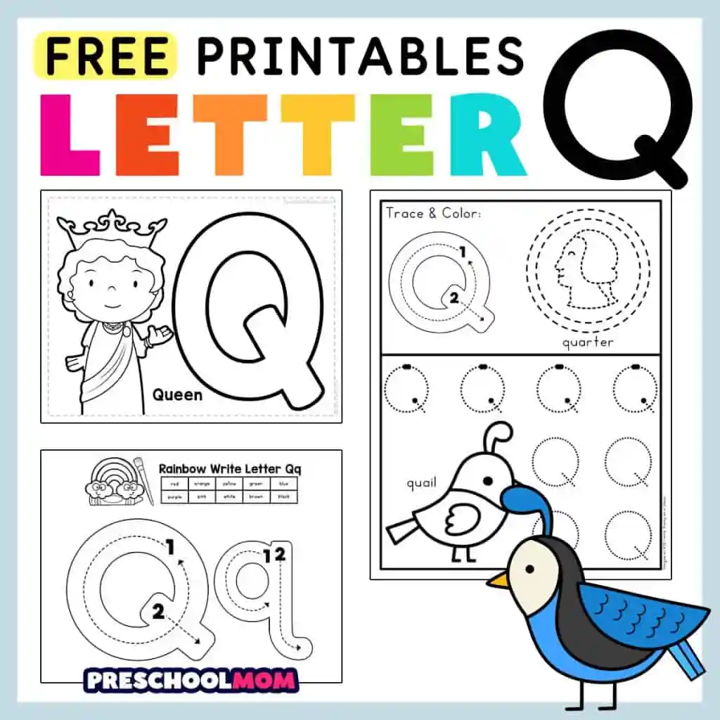 Worksheet featuring items that begin with the letter Q for phonics practice