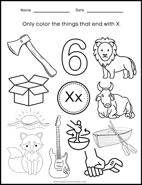 Worksheet featuring items that begin with the letter X for phonics practice