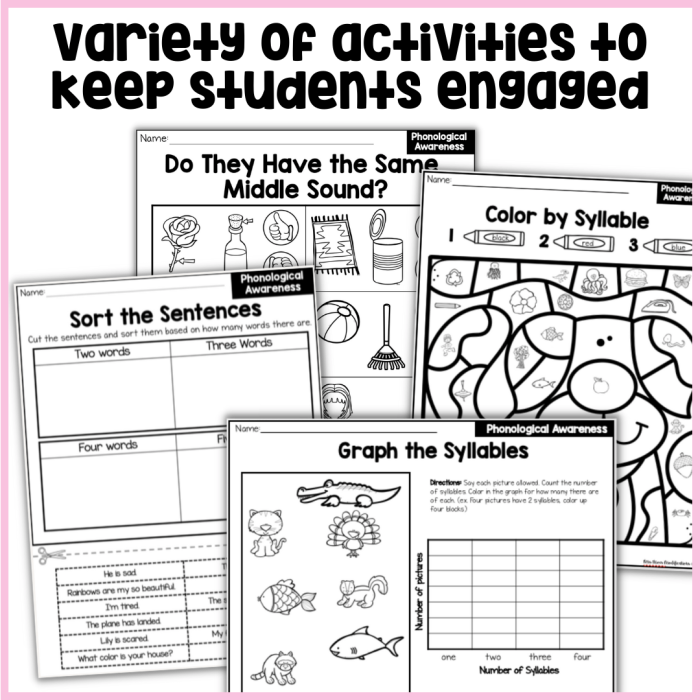Worksheet illustrating phonological awareness concepts for kindergarten students