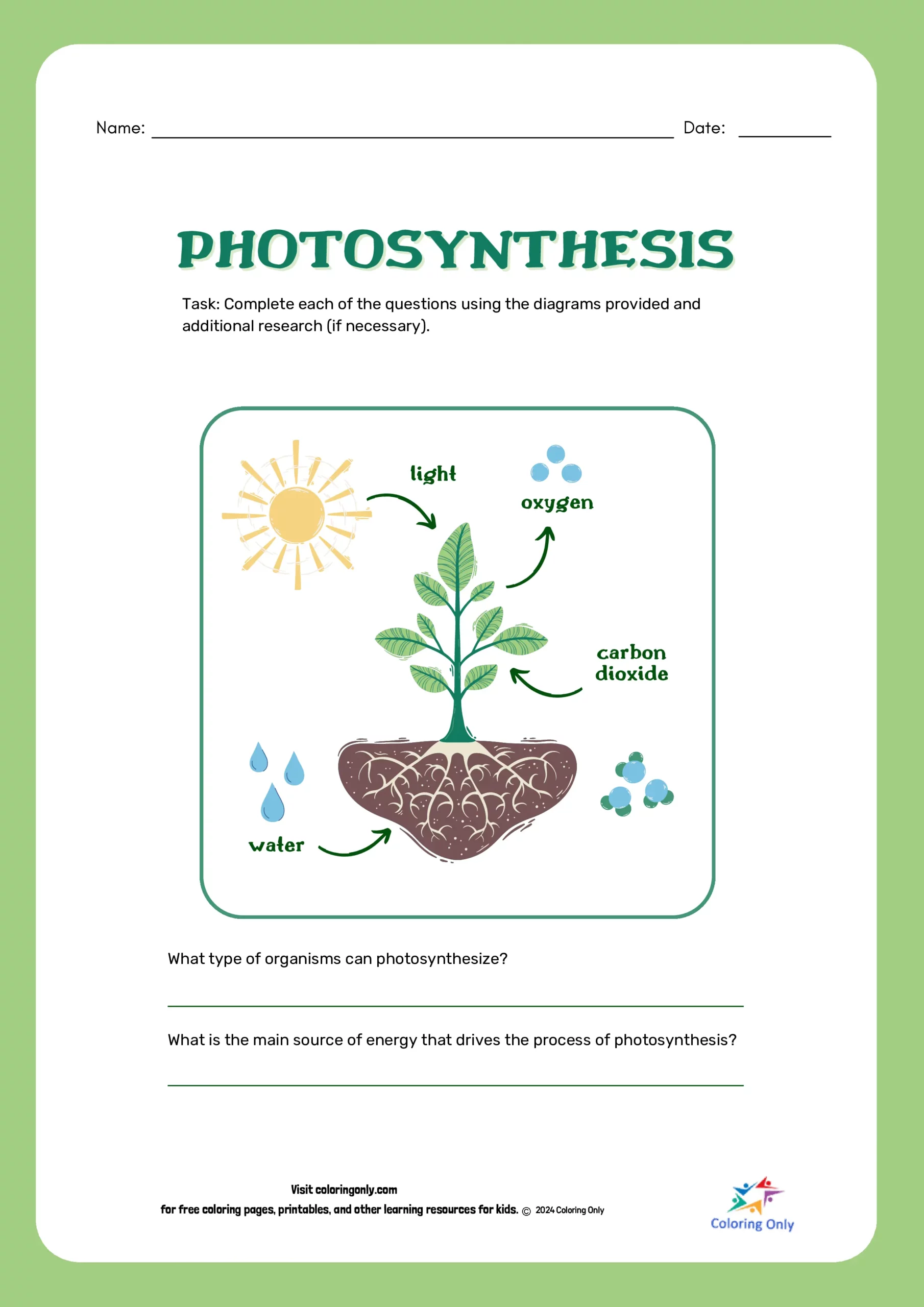 Worksheet for second graders explaining photosynthesis with fill-in-the-blanks. Educational resource introducing the concept of photosynthesis for young learners.