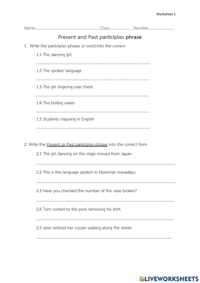 Seventh grade grammar worksheet focusing on identifying and differentiating between gerund, infinitive, and participial phrases