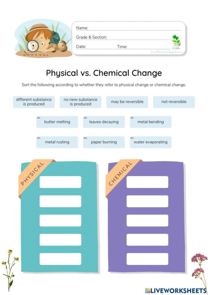 Fourth grade matter and properties worksheet focusing on physical versus chemical changes Physical Change vs Chemical Change worksheet for grade 4 science students