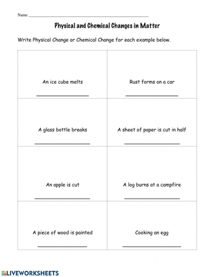 Physical Change vs Chemical Change Worksheet Image 16 for Elementary Science Instruction Fourth grade students learning to identify physical and chemical changes through an interactive science worksheet with hands-on experiment activities