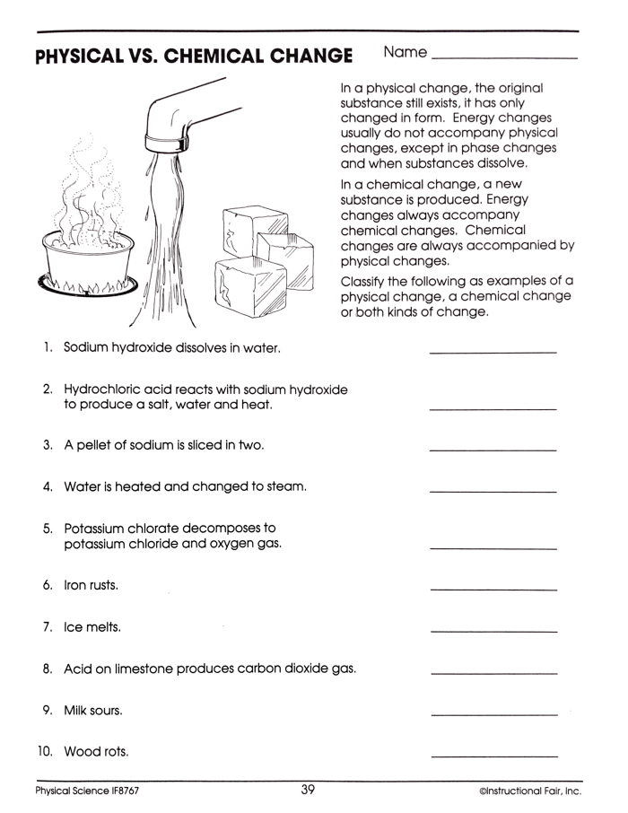 Physical Change vs Chemical Change Learning Activity for Elementary Students Fourth grade science worksheet showing examples of physical and chemical changes with interactive experiment activities for students to explore matter and properties