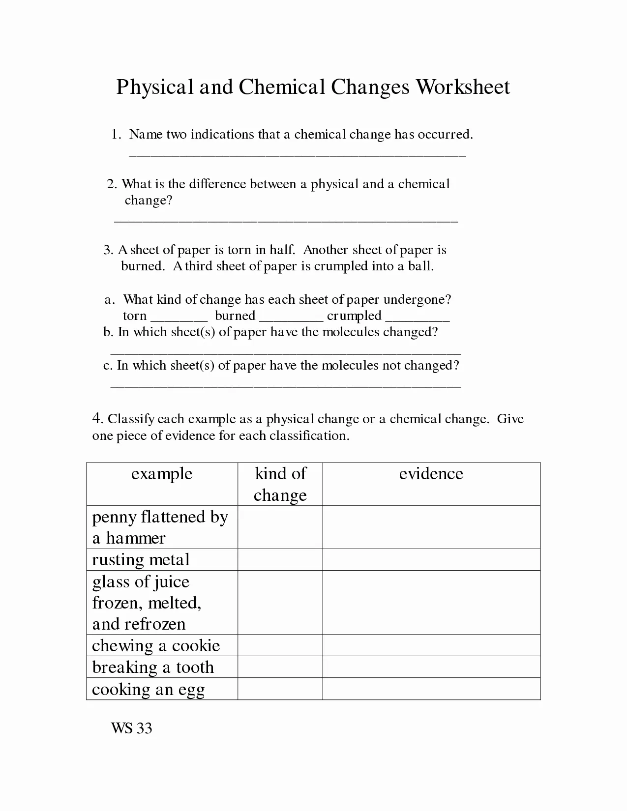 Physical Change vs Chemical Change Learning Activity for Elementary Students Fourth grade science worksheet showing examples of physical and chemical changes with an interactive experiment activity