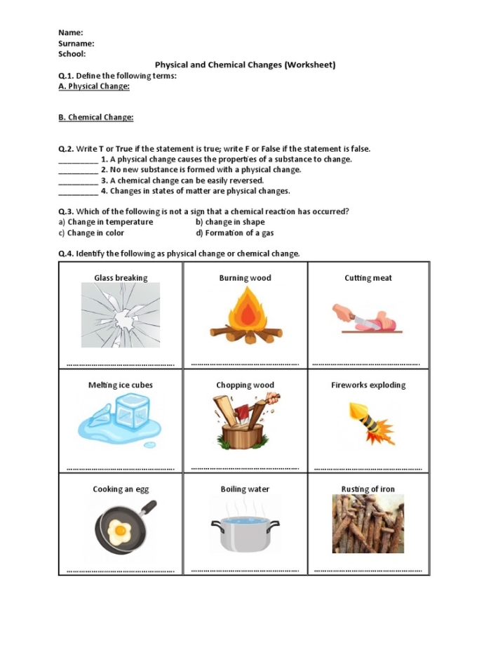 Exploring Physical Changes and Chemical Changes in Materials for Elementary Students Fourth grade science worksheet showing examples of physical and chemical changes in matter with hands-on experiment activity