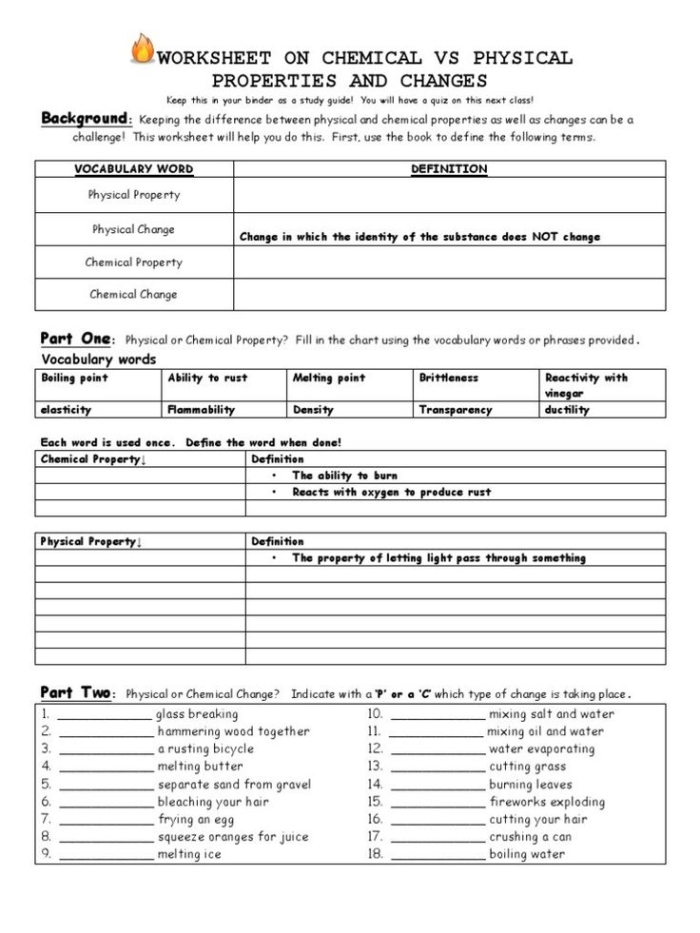 Physical Changes and Chemical Changes Learning Exercise for Elementary Students Fourth grade science worksheet showing examples of physical and chemical changes with an interactive matter experiment activity