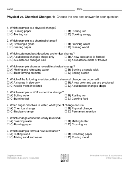 Physical vs Chemical Change Science Worksheet Number 14 Fourth grade students identifying physical versus chemical change properties in a science matter worksheet