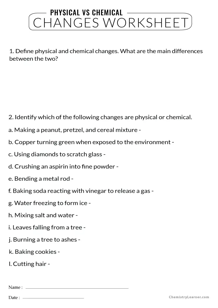 Physical Change vs Chemical Change Worksheet 24 for Grade 4 Science Fourth grade students learning about physical change vs chemical change matter and properties with an engaging worksheet
