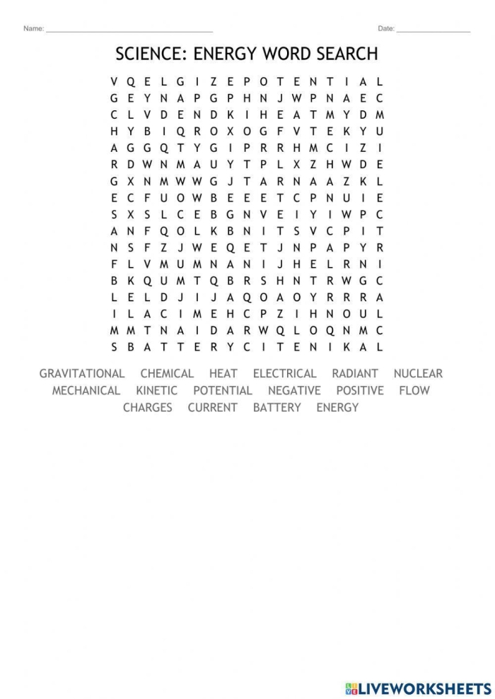 Third grade energy word search puzzle with physics vocabulary terms hidden in grid of letters