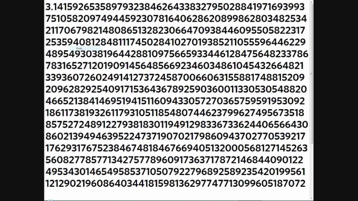 Pi Day math activity showing numerical digits for students to explore and analyze The first 1,000 digits of pi displayed in rows for a seventh grade geometry worksheet challenge