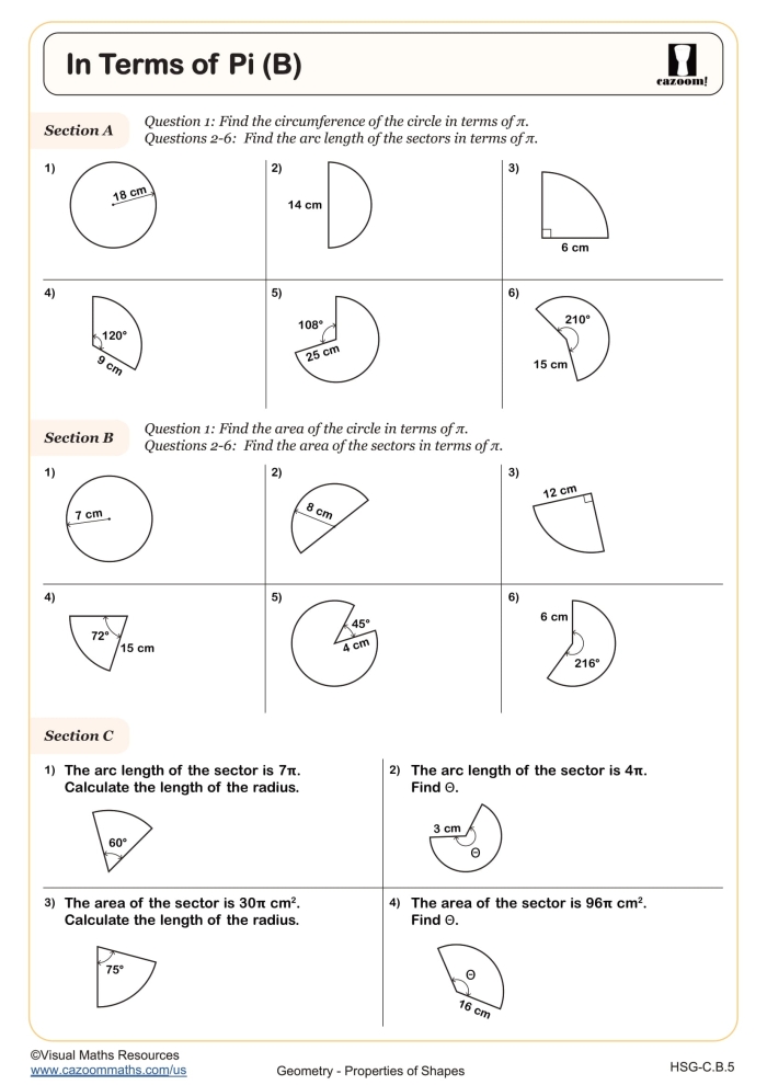 Seventh-grade math worksheet focused on finding circle areas with Pi and radius squared Worksheet for calculating the area of circles using Pi and radius squared for seventh graders