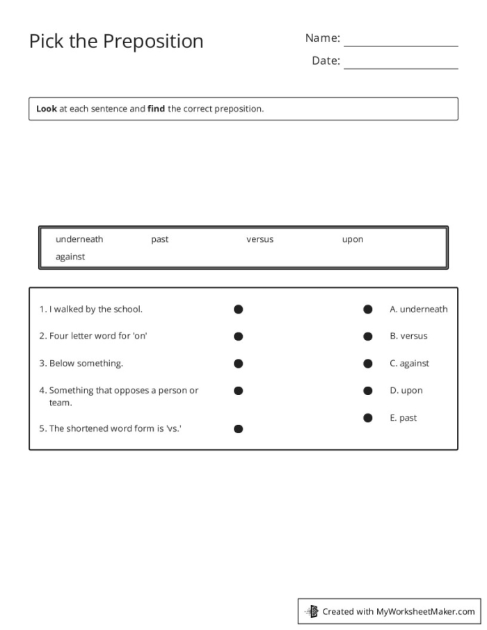 Worksheet for first graders to practice prepositions using a word bank to complete sentences. Pick the Preposition worksheet for enhancing reading skills in young learners.