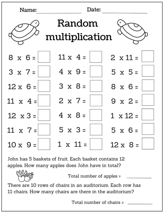 Third grade student counting illustrated shapes to complete a multiplication worksheet