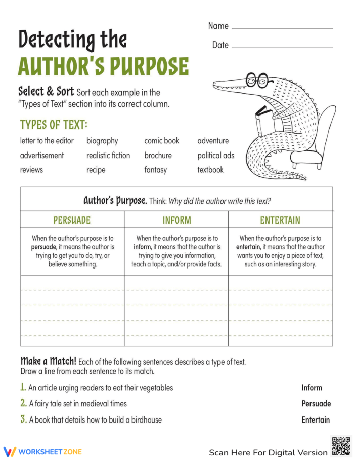 Detecting the Authors Purpose PIE Worksheet 8 Fourth grade worksheet identifying author purpose using the PIE mnemonic for 12 text examples