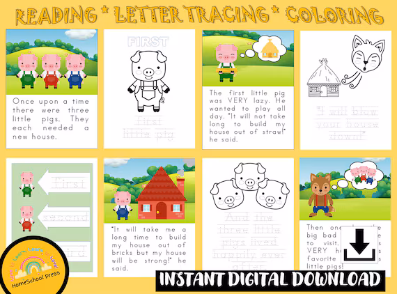 Printable worksheet for kindergarteners featuring a pig-themed mini storybook