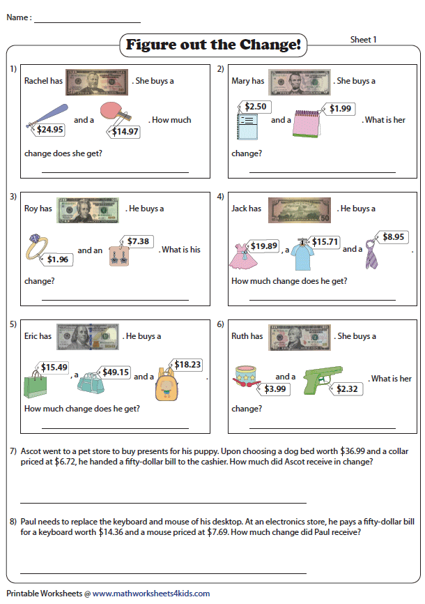 Worksheet showing Piles of Change for second graders to calculate totals and select the correct amount