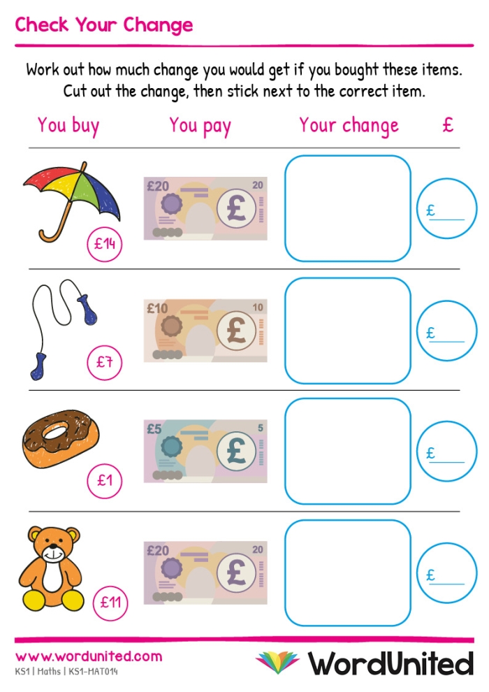 Piles of coins for a second-grade geography worksheet showing how to calculate total change