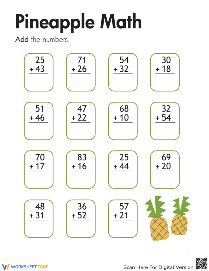 Second grade students practice two-digit addition without regrouping on this fun fruit-themed math worksheet ten