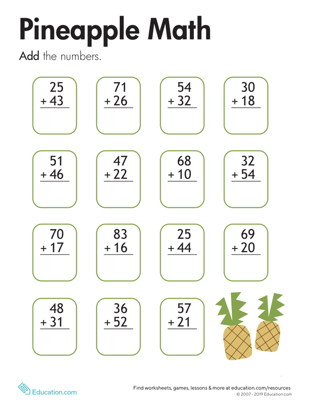 Pineapple-themed worksheet for second graders focusing on two-digit addition problems without regrouping