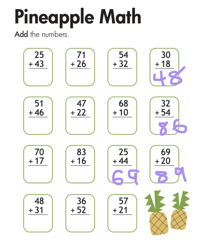Second grade students practice two-digit addition without regrouping on a fun pineapple themed math worksheet
