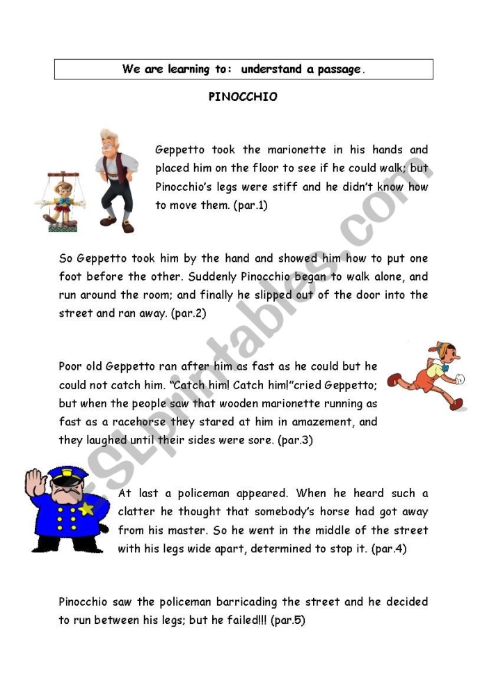 Reading Comprehension worksheet featuring Pinocchio for third graders