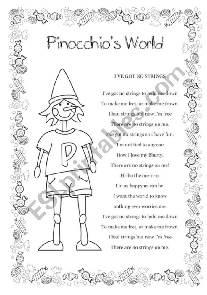 Reading comprehension worksheet featuring a Pinocchio theme for third graders