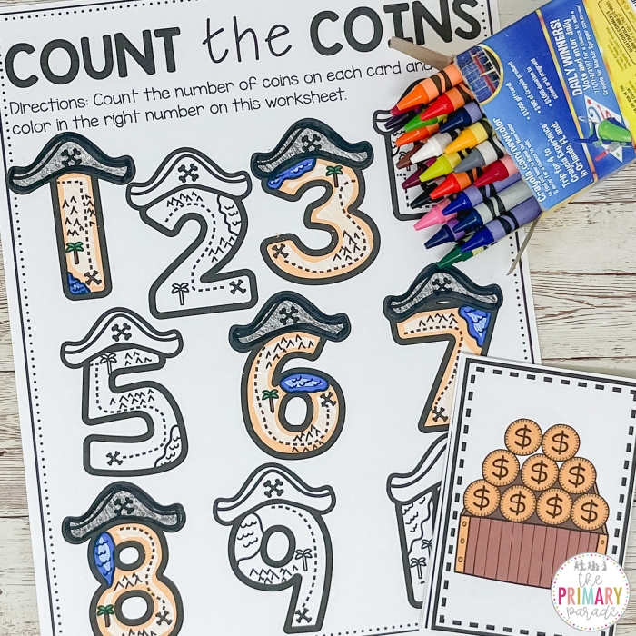 Second grade math worksheet featuring a pirate theme for practicing three-digit counting and number sense