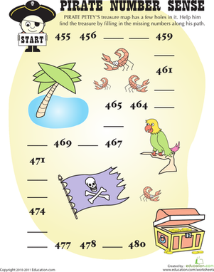 Pirate-themed worksheet for second graders focusing on three-digit counting and missing numbers