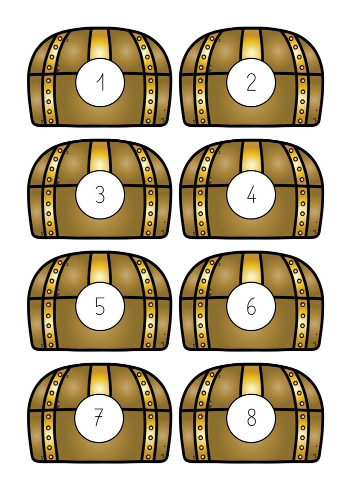 Second grade math worksheet featuring a pirate theme for practicing three-digit number sequencing and counting