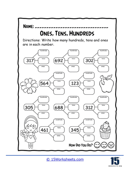 Second grade math worksheet featuring base ten block illustrations for practicing hundreds tens and ones place value