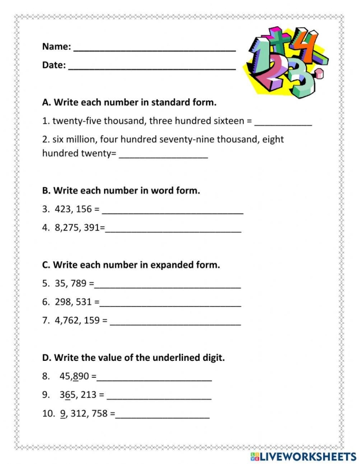 Colorful place value chart illustrating numbers in the millions for fifth-grade students