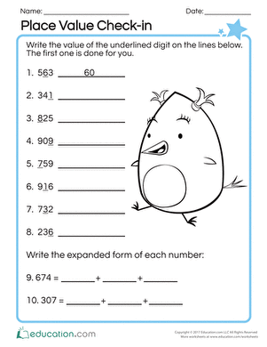 Visual guide for the Place Value Check-in worksheet aimed at second grade students Place Value Check-in worksheet for assessing second graders' skills in three-digit numbers and expanded form
