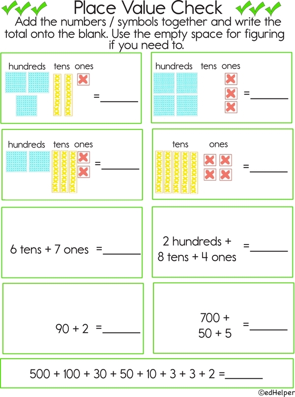 Visual representation of the Place Value Check-in worksheet for assessing second graders' math skills Second grade students working on a Place Value Check-in worksheet focusing on three-digit numbers and expanded form