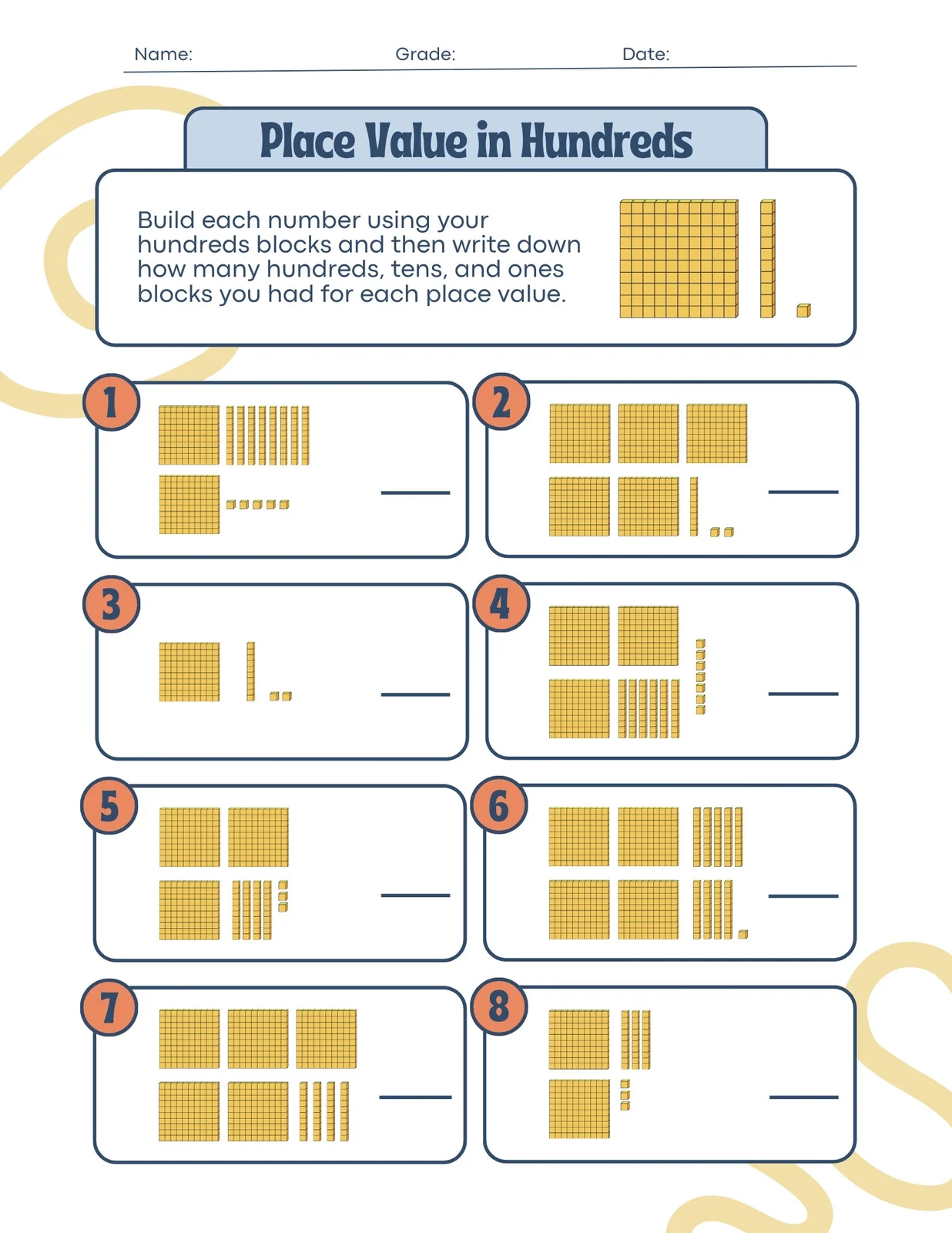 Visual representation of the Place Value Check-in worksheet for math skills evaluation Place Value Check-in worksheet for second graders assessing three-digit understanding