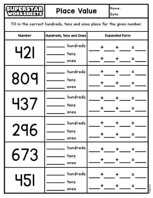 Place Value Expanded Form Exercise for Elementary Math Learners Third grade place value and expanded form practice worksheet showing numbers broken down by place value from ones to hundred thousandths