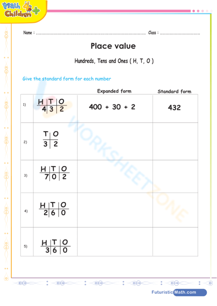 Place Value Breakdown Activity Sheet for Elementary Math Learners Third grade place value and expanded form practice worksheet showing number decomposition exercises with ones, tens, hundreds, and higher place values