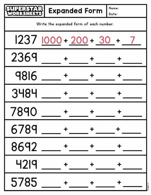 Place Value Practice Sheet for Elementary Math Learners Image 25 Third grade math worksheet showing place value and expanded form exercises with numbers broken down by ones, tens, hundreds, and thousands places