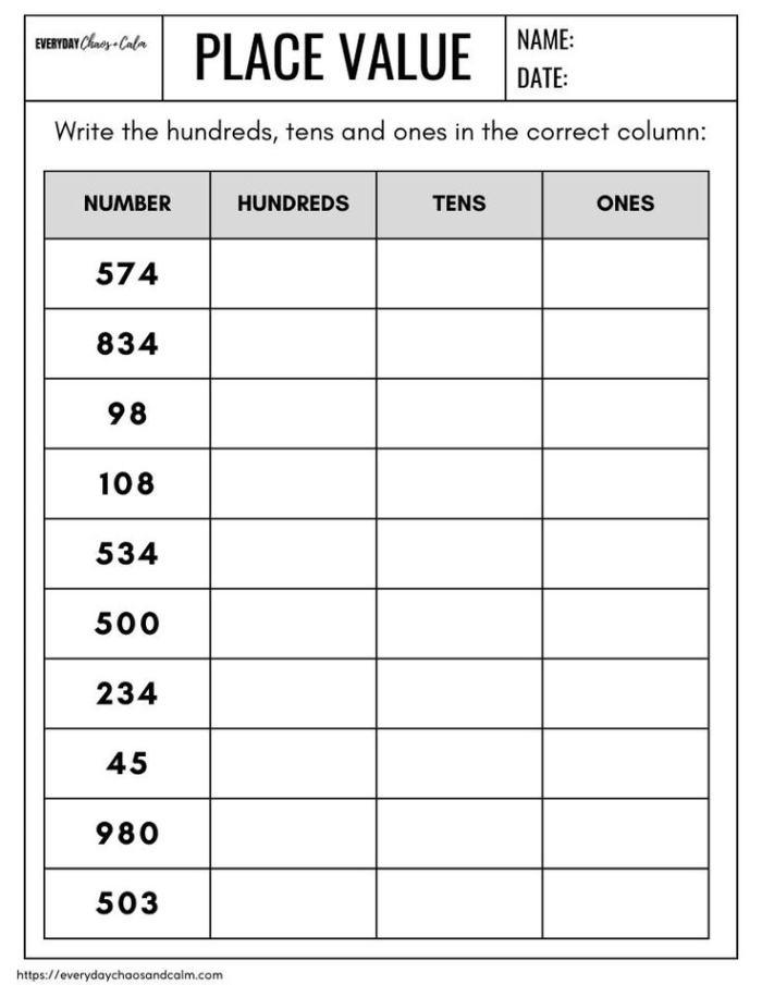 Place Value Test Worksheet Number 24 for Grade 2 Math Skills Second grade place value assessment worksheet focusing on hundreds tens and ones columns