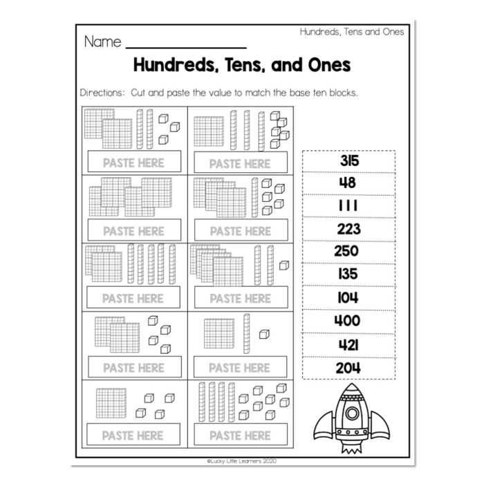 Second grade student practicing place value using hundreds tens and ones blocks worksheet 24