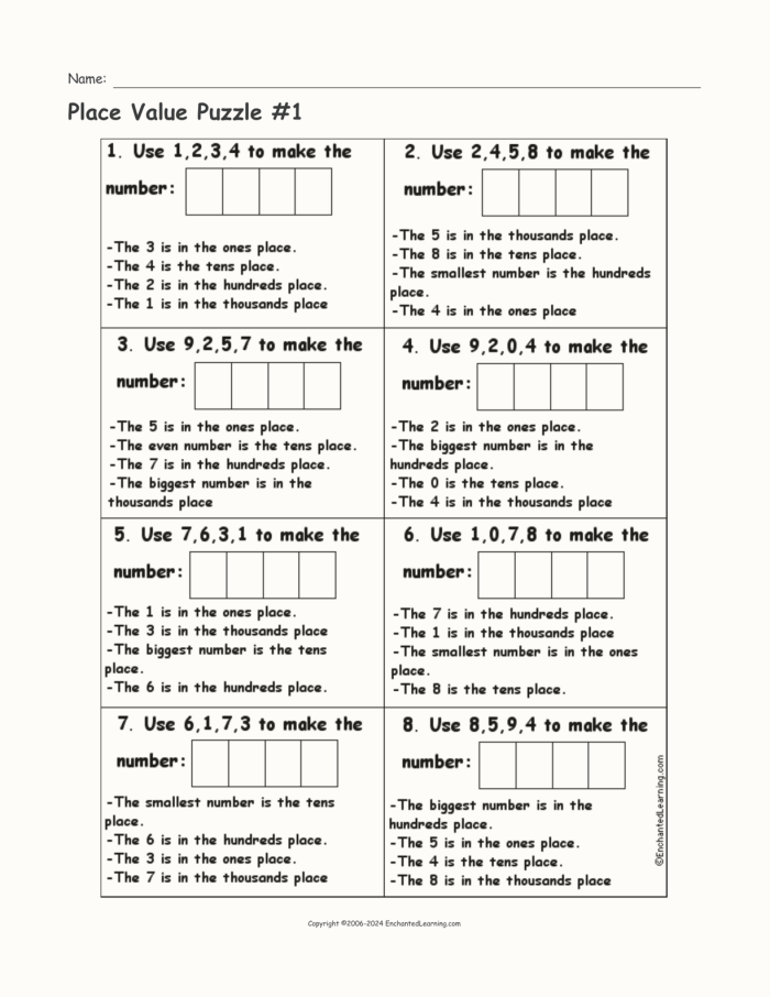 Place Value Scramble worksheet for fourth graders featuring number-building challenges with a number bank